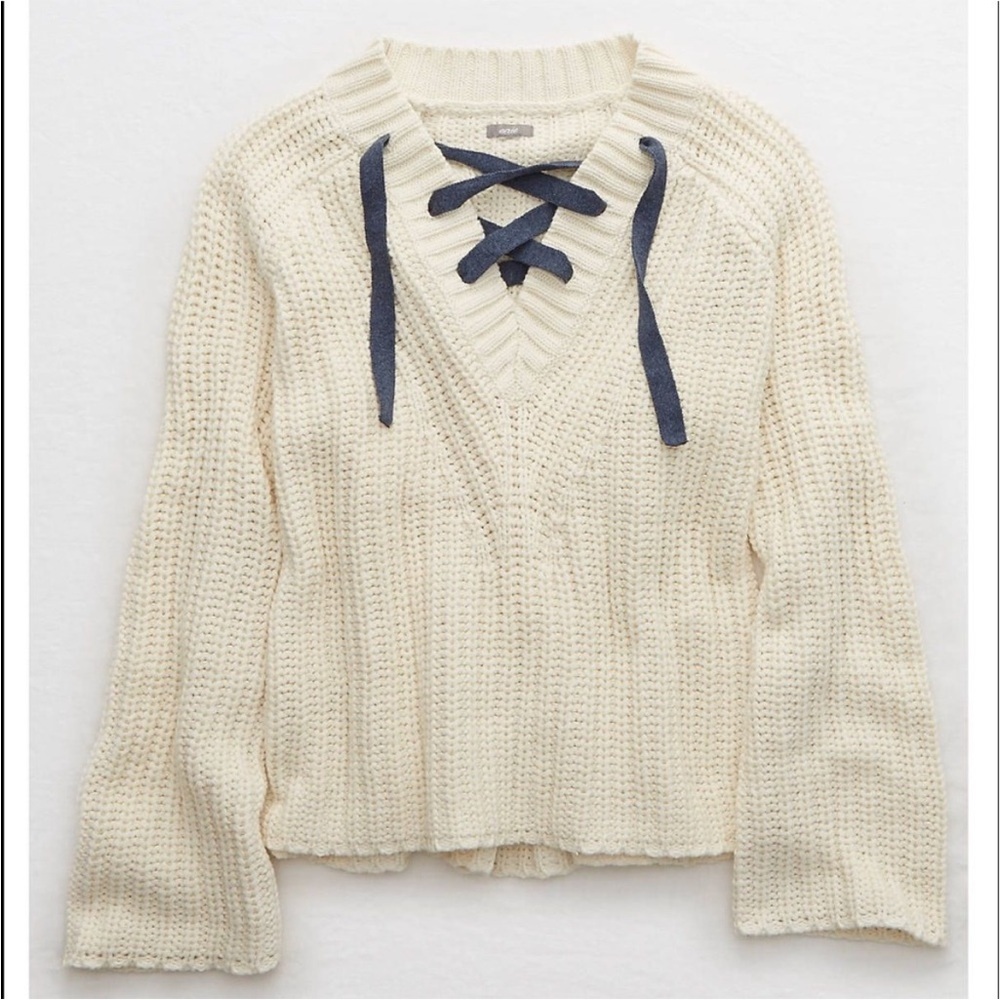 Aerie Cream Chunky Knit Tie Up Cotton Blend Sweater Size Medium